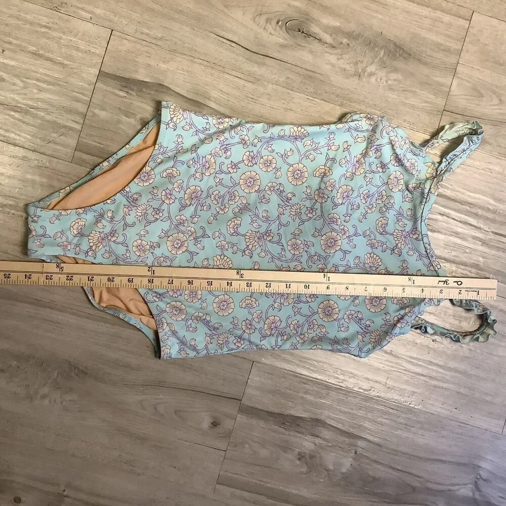 Crewcuts Swimsuit Size 14 J Crew Girls Kids Blue Pink Floral Ruffle One Piece